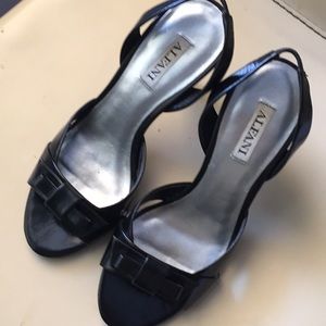 Black leather open toe sling back heels shoes sz 5